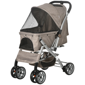 PawHut Dog Stroller For Small Dogs Cats, 4 Wheels One-Click Fold Pet Stroller With Swivel Wheels, Brake, Basket Storage, Safety Belts, Adjustable Cano
