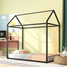 House Bed Frame Double Bed, Kids Bed Frame Metal Platform Bed Floor Bed, Suitable For Boys And Girls, No Spring Mattress Required, Black