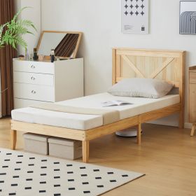Slanted Headboard, No Footrest, Twin Wooden Bed In Natural Wood Color