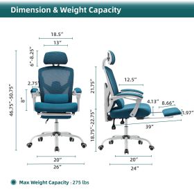 Retractable Footrest Ergonomic Swivel Office Chair With Lumbar Support Pillow And Padded Armrests (Color: Blue)