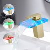 Bathroom Sink Faucet LED Light 3 Colors Changing Waterfall Glass Spout Hot Cold Water Mixer Single Handle One Hole Deck Mounted Bathroom Faucet Black