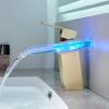 Bathroom Sink Faucet LED Light 3 Colors Changing Waterfall Glass Spout Hot Cold Water Mixer Single Handle One Hole Deck Mounted Bathroom Faucet Black