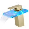 Bathroom Sink Faucet LED Light 3 Colors Changing Waterfall Glass Spout Hot Cold Water Mixer Single Handle One Hole Deck Mounted Bathroom Faucet Black