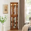 Corner Curio Cabinet with Lights, Adjustable Tempered Glass Shelves, Mirrored Back, Display Cabinet(E26 light bulb not included)