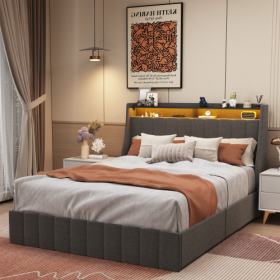 Full Size Bed Frame With LED, 4 Under-bed Portable Storage Drawers, Wings Headboard Design (Color: Dark Grey)